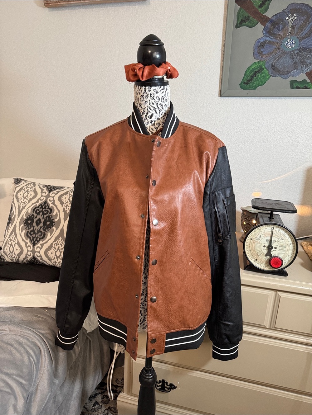 NWT Fried denim men’s Two-Tone Brown & Black Bomber Jacket w/Striped Trim Sz M